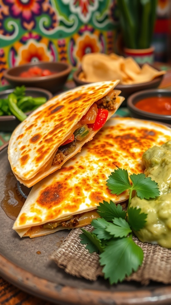 Jalisco-Style Quesadilla Recipe Golden-brown quesadilla with melted cheese and vegetables, served with salsa and guacamole on a rustic plate.